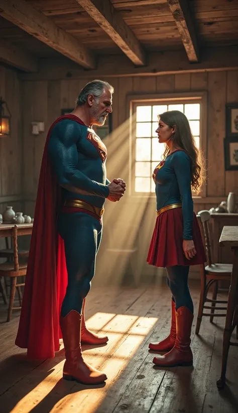 Create a hyperrealistic, high-resolution image depicting an elderly Superman and a young Supergirl in a heated argument within an old, rustic wooden-floored cabin. Superman is furious, his brow furrowed, his face contorted with anger. His fists are clenche...