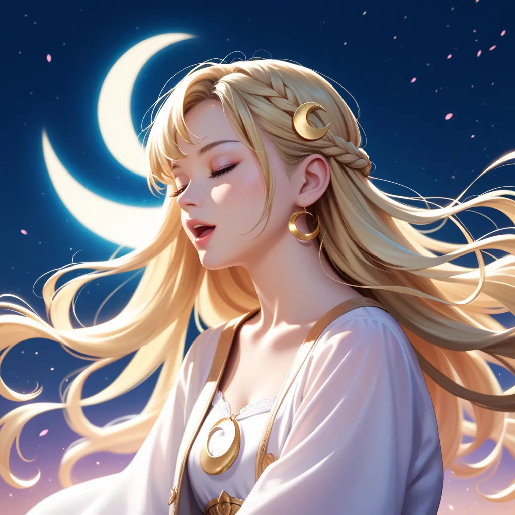  1 girl 、blond hair、long hair、close your eyes、 your mouth is open、Sitting on a crescent moon