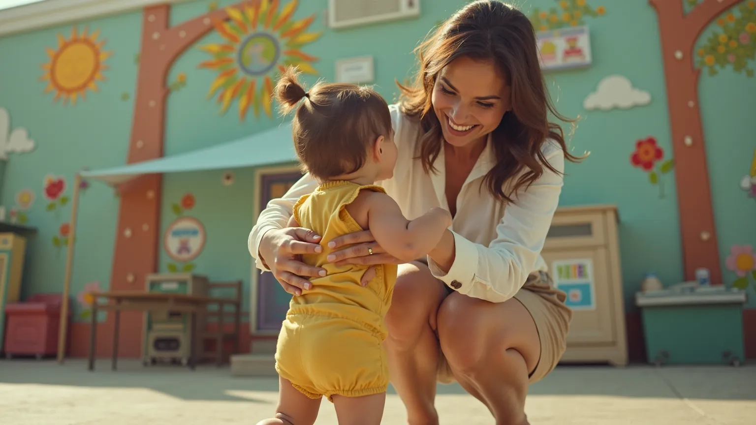 ultra realistic, very low angle shot as if it was from a little person POV, a beautiful mother with a forced smile as if she wanted to hide her sadness, She wears a professional secretary outfit: a white blouse, and a pencil skirt.she crouches to be at the...