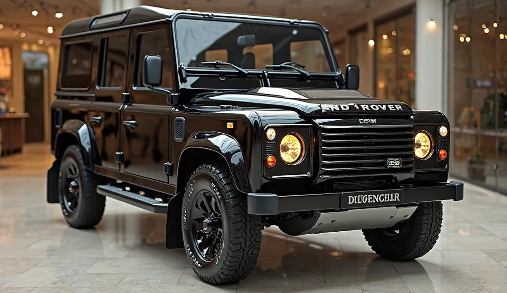 Create a 3d render  car design   (front  side view) end of (1993 land Rover defender  ) with front side view) end view (  black)  clour with a land Rover defender written on ( front side  view). and. Taillights “in pure glossy yellow with ultra detailed gl...