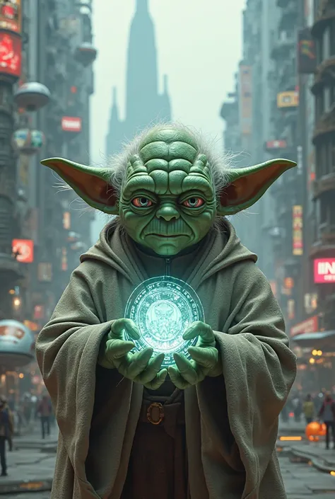 Futuristic Yoda holding crypto currency 