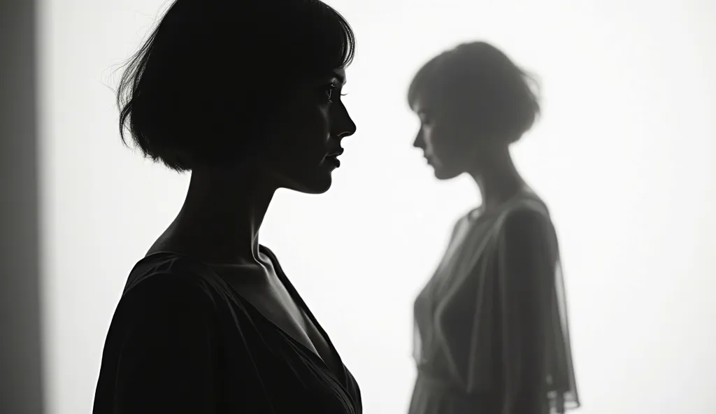 Black silhouette of a beautiful 40 year old short bob woman  ,ninth , Black and white in the dark, white background

