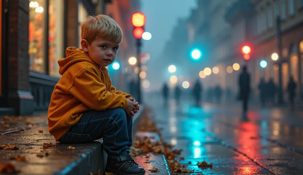 A young boy with short blonde hair and fair skin sits alone on the edge of a concrete step in an urban setting, lost in deep thought. He wears a mustard-yellow hoodie and dark blue jeans, his small hands clasped together as he gazes into the distance. His ...