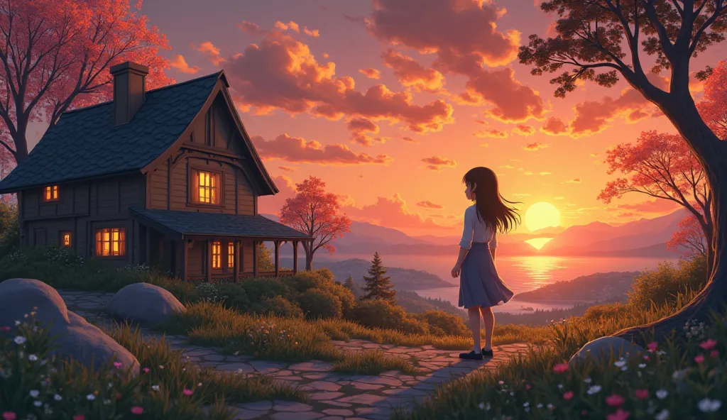 cozy house in the background, Detailed landscape,  atmospheric lighting, blazing sunset,  warm color , Practical and Photographically Practical, Complex buildings , picturesque, Work of art, top quality, 8k, Ghibli animation styling, The girl is listening ...