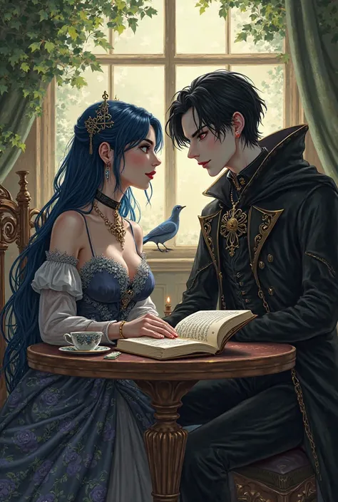 A beautifully dressed noblewoman with long, dark blue hair and cobalt blue eyes sits at an elegant wooden table, holding an open book. A delicate teacup rests in front of her. She wears a gothic-style dress with intricate rose motifs, sheer sleeves, and a ...