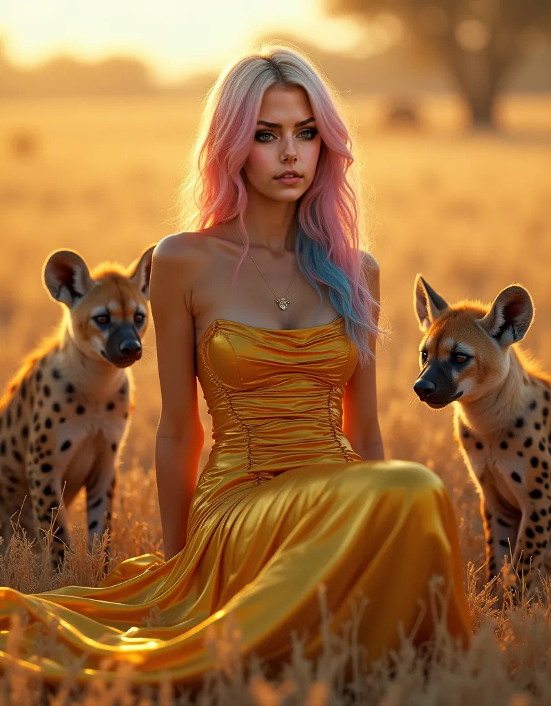 ultra realistic professional full body facing camera  {A lady with vibrant pink and blue hair sits in a sensual pose amidst the golden grasses of a savannah. She wears an exquisite fantasy dress made entirely of gold material - a stunning Ruched Bodycon Mi...