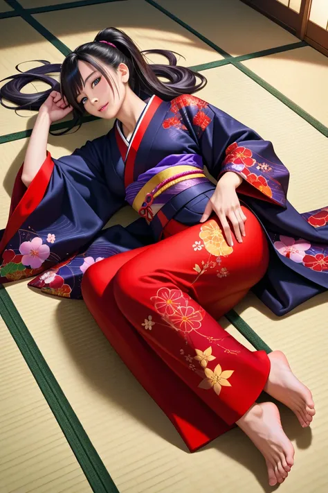 HD、 one woman、Festive attire、Long-sleeved kimono、 black hair、Long Hair、ponytail、 so I can see my whole body、 tatami room、A man lies down、fellatio,nsfw