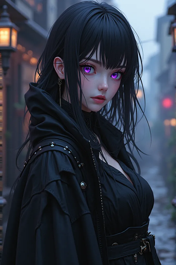 Create an anime female character in heavy black coat in black hair and purple eyes. 