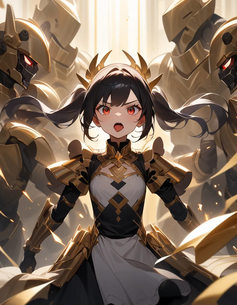 Machine equipment　maid clothes　 Gold　twin tails　 breasts are small　battle　1 girl, high resolution, look at cleavage,  Gold, twin tails,  red eyes, Katyusha, stick out your tongue, 