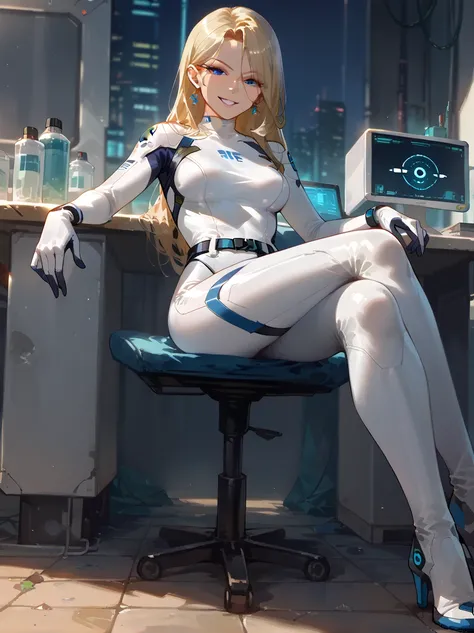 score_9, score_8_up, score_7_up, score_6_up, expressiveh, invisiblewoman_rivals, 1girl, solo, full body, blonde hair, long hair, eyeliner, blue eyes, earrings, bodysuit, white bodysuit, white clothes, gloves, belt, boots, blue details, looking at viewer, s...