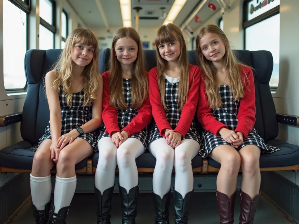 four russia 6years girls kisses sitting on train seat, View Photographer, whole body, (Smiling at the photographer), tight open breast tits russia school uniform, High boots, Clothes that show the open chest、Thin and long elbows、(wearing a open breast top,...