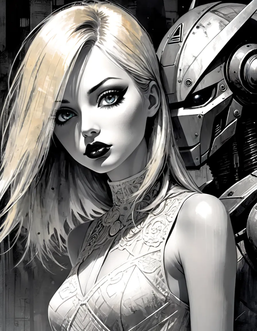 girl and evil giant robot, very sexy girl, long blonde hair, thin, small breasts, cute, adorable, manga style, dressed in transparent nightgown, futuristic industrial background, giant and black sinister robot, , black and white sketch style, inspired art ...