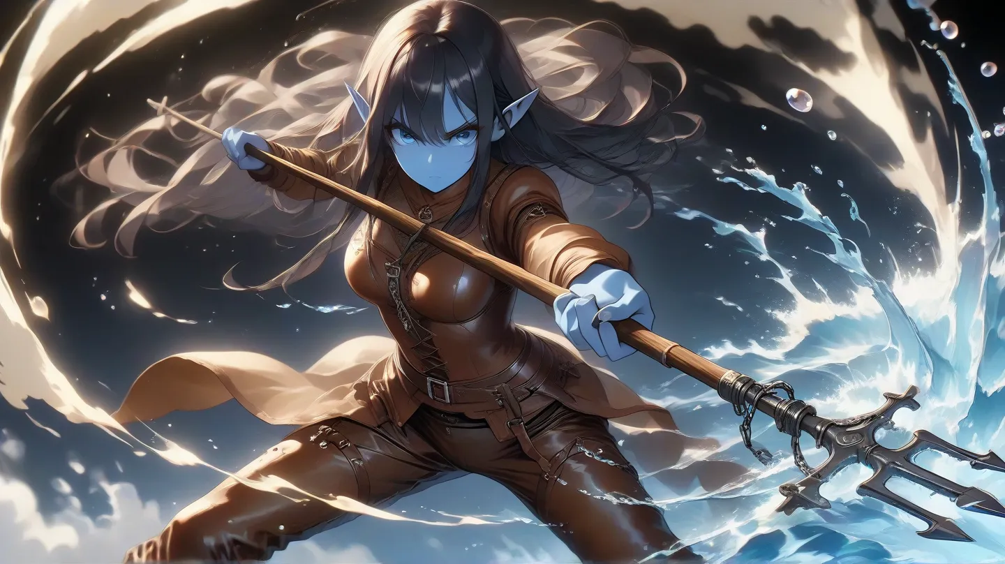 an HD Scene of a ((30 year old)) female elf with (((blue skin))) long ((black hair)) and ((blue eyes)), wearing a ((all brown medieval brown detailed leather and pants)), high detail, high quality, best quality, 8k, masterpiece, holding a trident, striking...