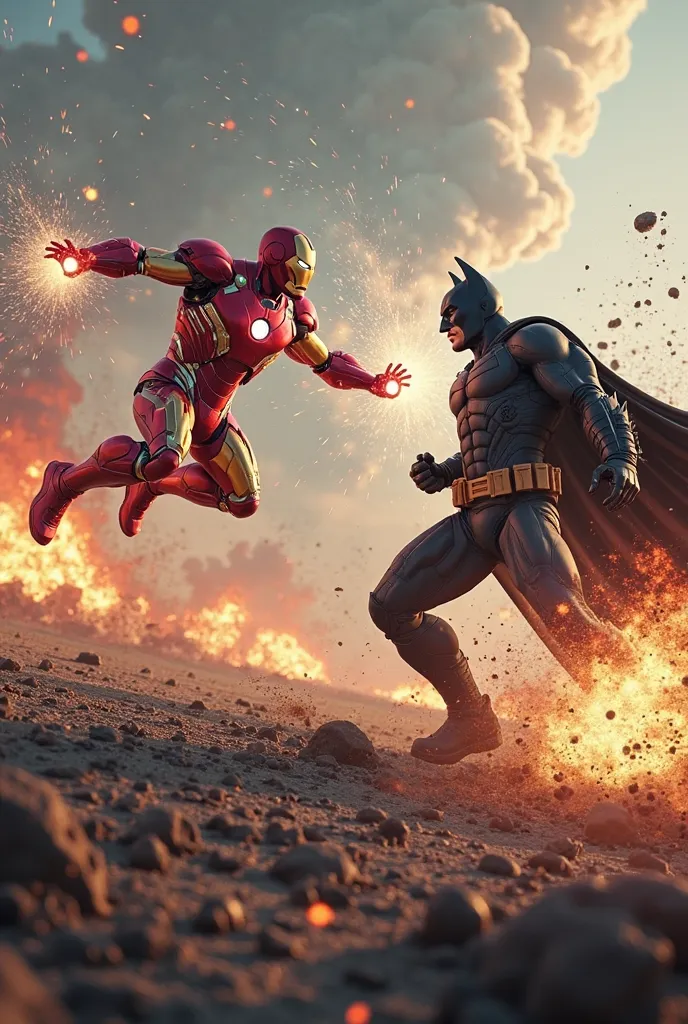 Ironman batman faceoff in battle field  bright background 