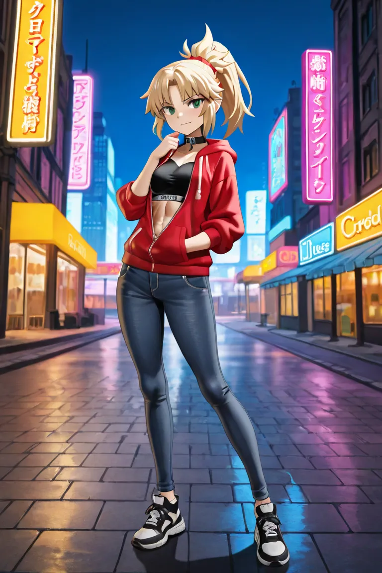 Create an anime-style illustration of Mordred from the Fate series in her casual outfit. She has long, wild blonde hair tied up in a high ponytail, with a few loose strands framing her confident and rebellious face. Her piercing red eyes shine with determi...