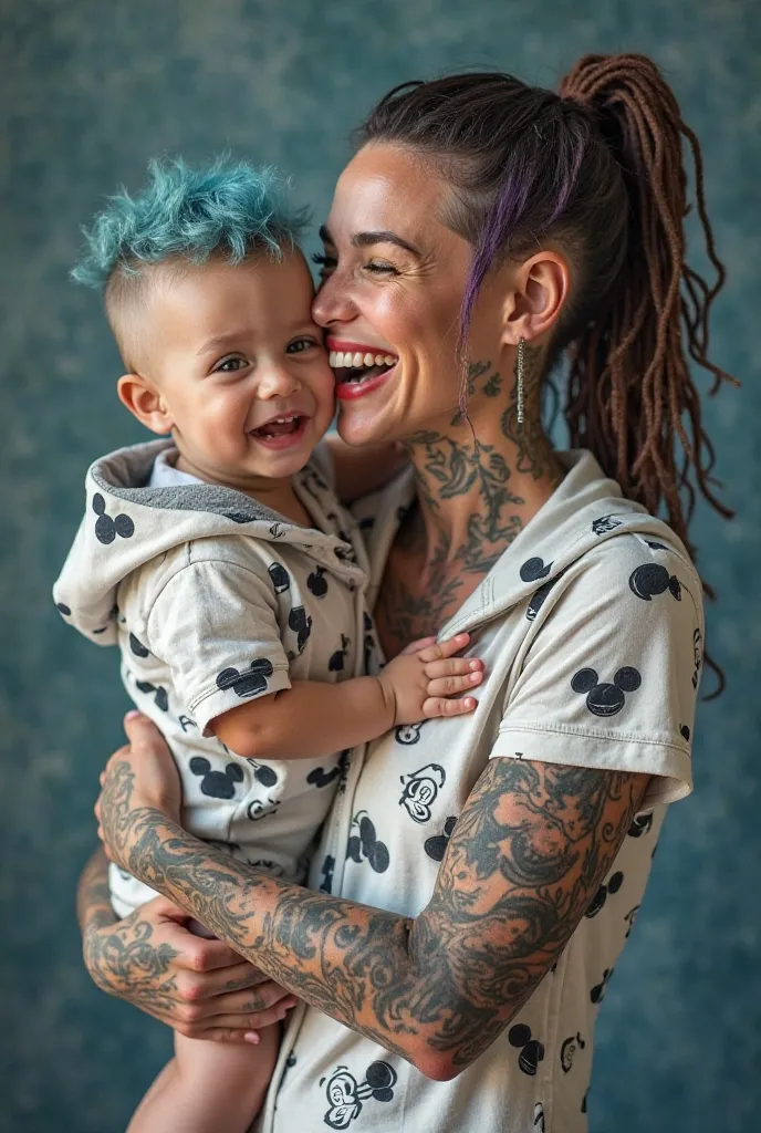 El niño Very Short blue hair in a high fade style disheveled. Defined jaw. Hugging and laughing in a one-piece Mickey Mouse pajama set with a hood. A woman with her one-year-old son. Beautiful, heavily tattooed woman with long, platinum-colored, violet-col...