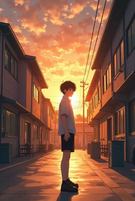 In a schoolyard at dusk, Japanese high school boy turns to look back, setting sun, nostalgic, serene atmosphere