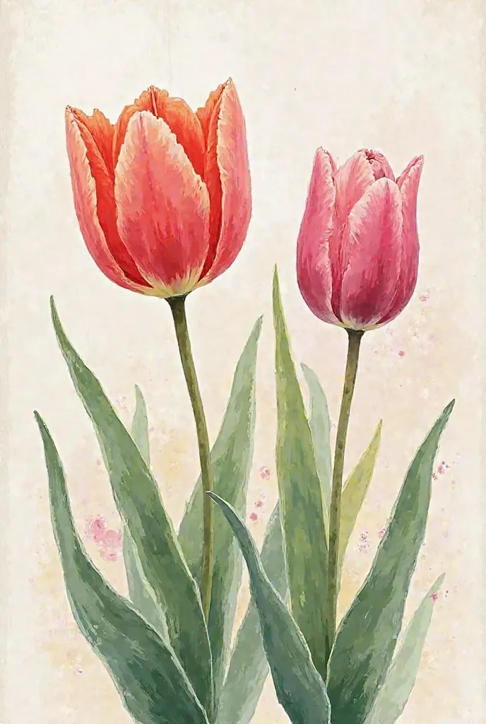 Generate 2 beautiful hand-drawn tulip paintings, on the first one so that everything is filled, and the second one in the same style as the first, but so that in the middle there is an empty space in the form of a square not selected