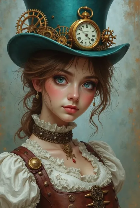 Steampunk portrait, young woman, teal top hat with gears and clock, bright blue eyes, messy brown hair, Victorian blouse, leather corset with buckles, brass gears, intricate details, digital painting, fine art, fantasy illustration, muted colors, soft ligh...