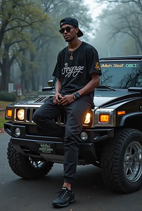 A man with a black snapback,black NFL jersey,black pants,black sneakers,sit on the hood,black hummer h2,Chrome rims,Angarage text on the hood,dark,Anime-Series,Manga-Film,Sunglasses,Angarage text on jersey,cemetery in the background, looking at the camera ...