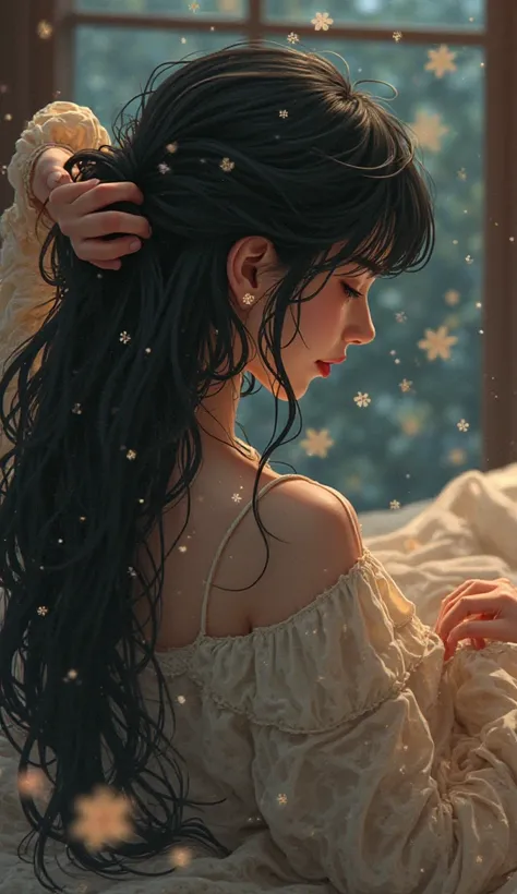 Alphonse Mucha, background blur,  Godley, Beauty、 back view、I'm tying my hair、evening、Unrequited love、 anime、 lying down 、 black hair、Cardigan、blouse、OL