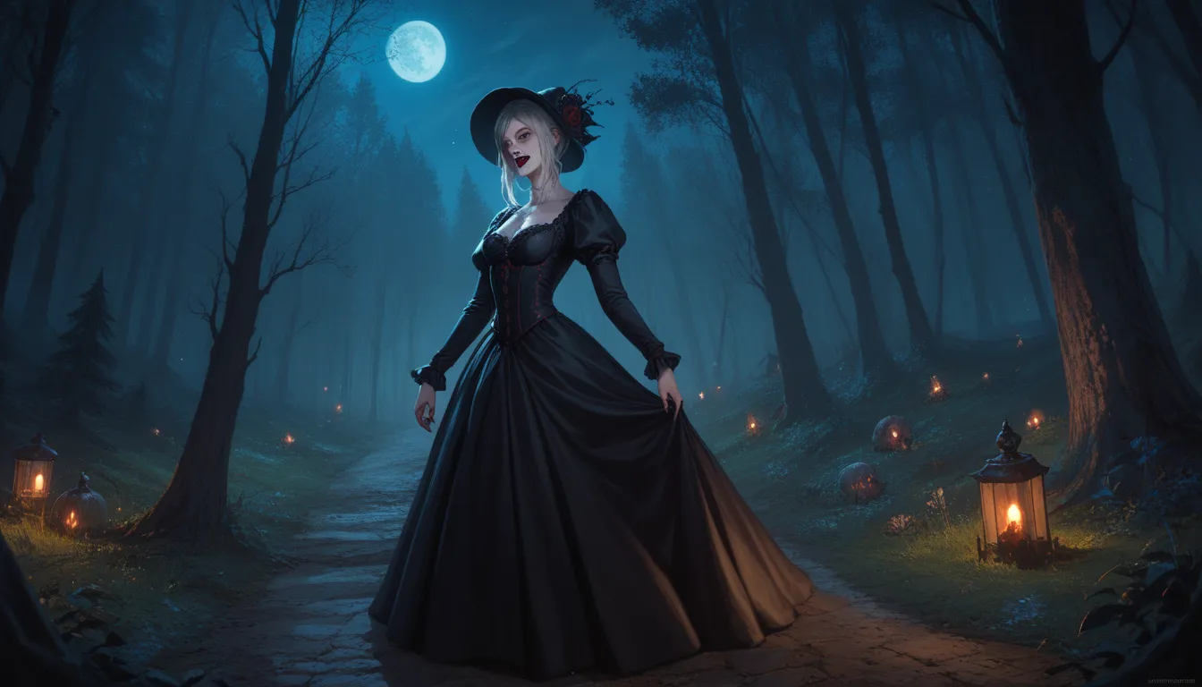 Aranea Highwind in a black dress, medieval style, vampire style,  fantasy art , Night,  night time, night forest, Horror style