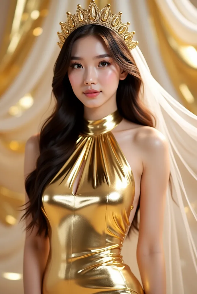 a woman in a stunning gold metallic gown that glimmers elegantly. The dress has a halter neckline and a fitted silhouette, accentuating her figure. She is wearing a golden crown-like headpiece with intricate details, complementing her overall regal appeara...