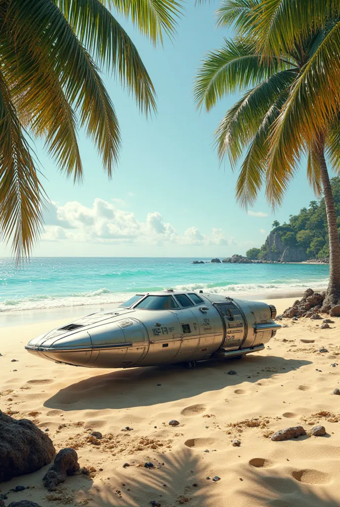 Generate a small shuttle stopped on the beach of a deserted island. Don't represent humans in the photo