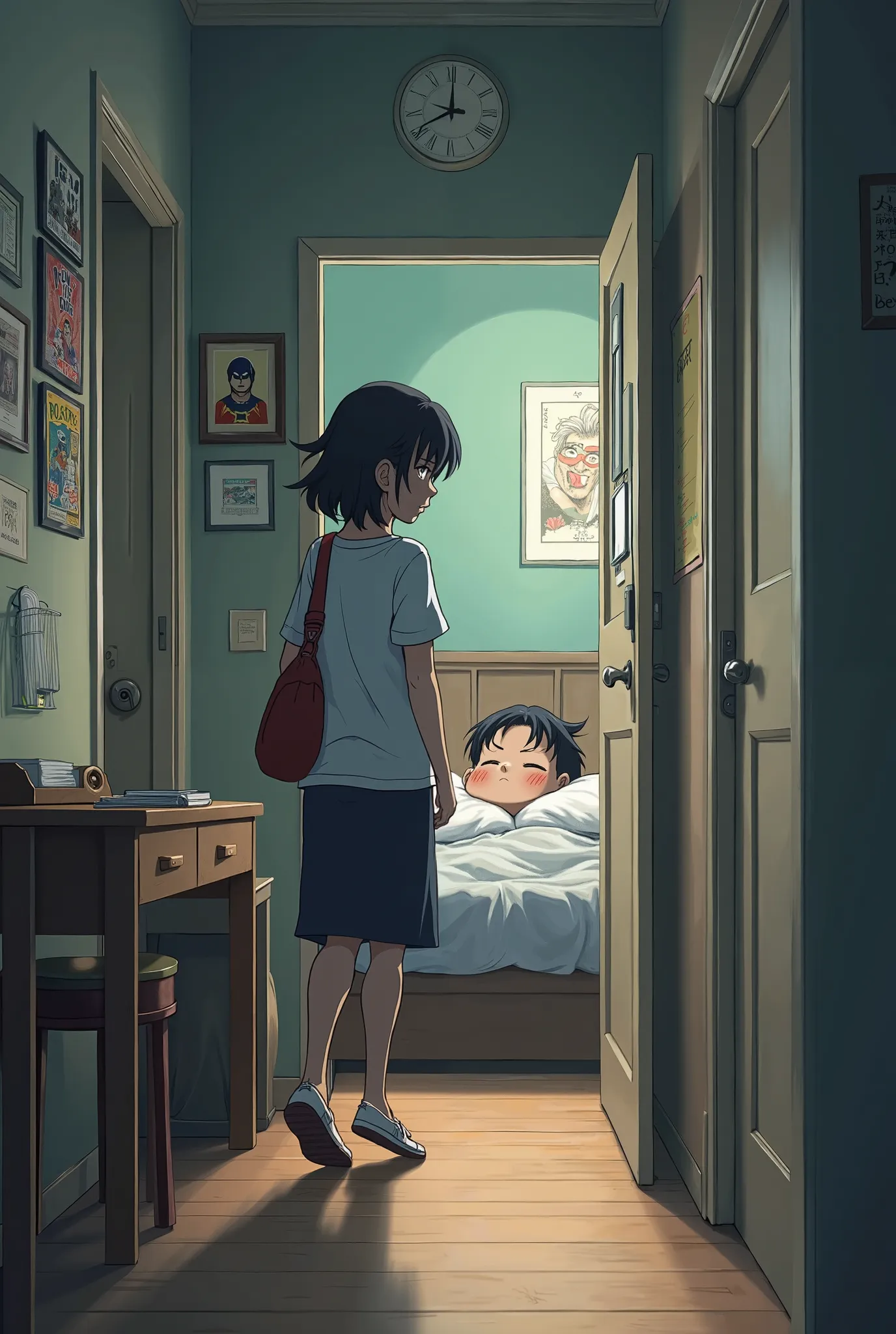 In Anime style The mother walks down a narrow hallway toward a closed door. She knocks gently and opens the door to reveal a 16-year-old boy sleeping soundly on a bed. The room is modest, with posters of superheroes and a small study table. The mother gent...