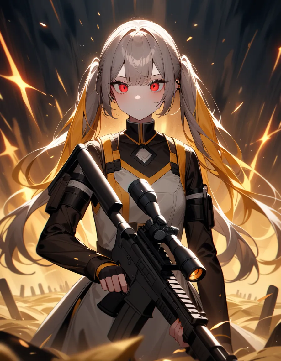 Machine equipment　maid clothes　 Gold　twin tails　 breasts are small　battle　1 girl, high resolution,  Gold, twin tails,  red eyes, Katyusha,　 sniper rifle 　protect