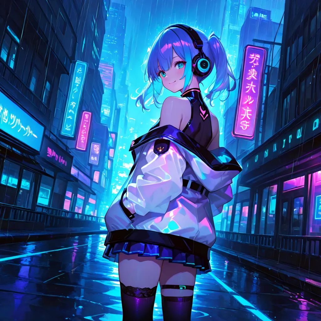 a moon made of light floating in the air, 1 girl, solo, blue hair, twintails, hair purple mesh, aqua eyes, smile, closed mouth, futuristic headphones glowing in purple, futuristic clothing, (white oversized outerwear, wear loose outerwear so your shoulders...