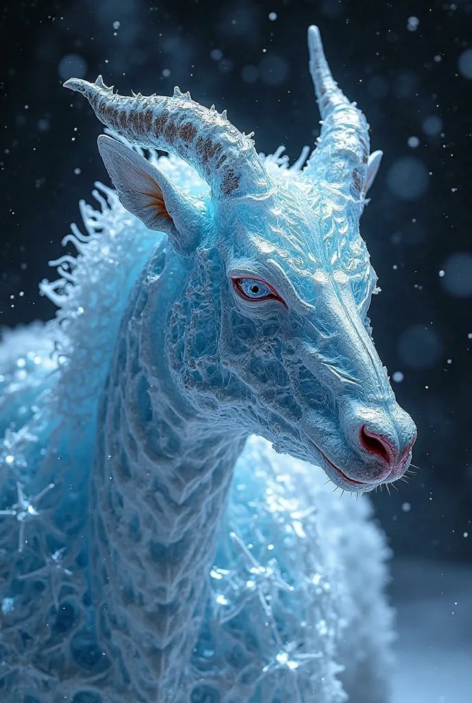 "Intricately sculpted horns made of crystalline ice, growing gracefully from the head like a crown of frozen geometry. The horns have sharp, well-defined polygonal shapes, with facets that catch and refract light, creating a dazzling spectrum of icy blues ...