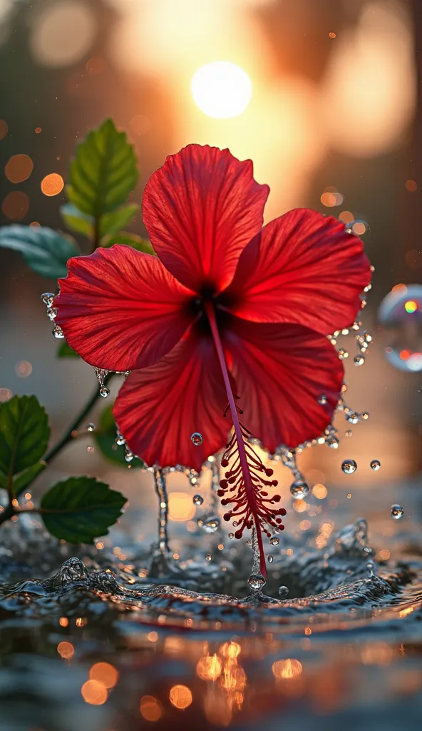 An extremely beautiful red hibiscus plant with a beautiful red hibiscus and green leaves in it, hibiscus is in sharp focus, beautiful water splashing and whirling around the hibiscus,beautiful water soap bubbles are floating in the background in the blurre...