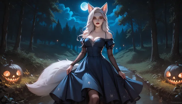 Ari the white fox,  sexy, in dark blue clothes, in the forest, art fantasy at night, medieval dress, dark tones of the night, night time atmosphere, focus on the night, gloomy, Horror style