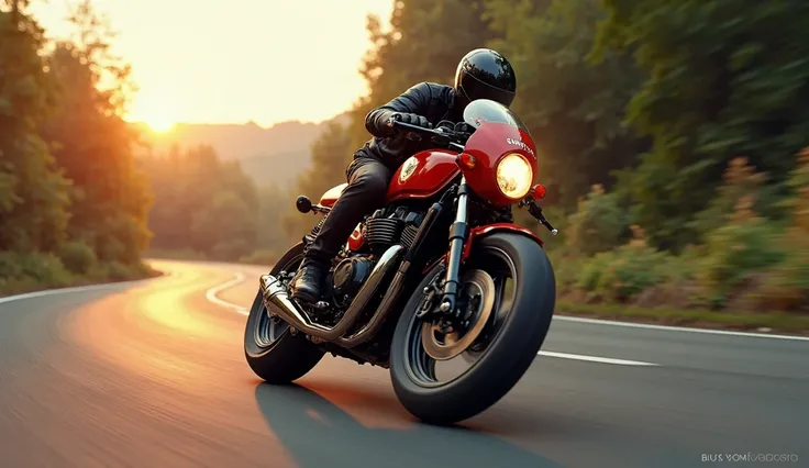 Astunningly realistic image of a  (Jawa 42bobber) motorcycle, captured mid-corner during a high-speed ride. The (Red) motorcycle is sleek, shiny, and emanates power and performance. The rider expertly navigates the curve, showcasing the impressive handling...