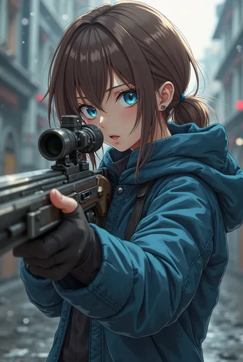 Create an image of a female anime character with heavy blue coat with brown hairs and steel blue eyes holding a sniper 