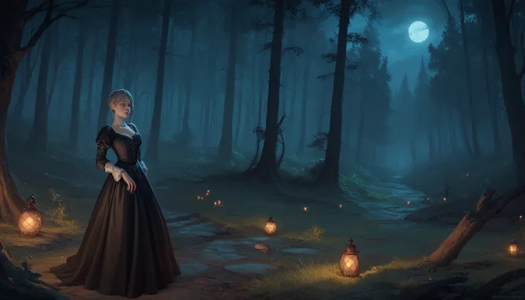 Aranea Highwind in a black dress, medieval style, vampire style,  fantasy art , Night,  night time, night forest, gloomy, scary, gloomy forest 