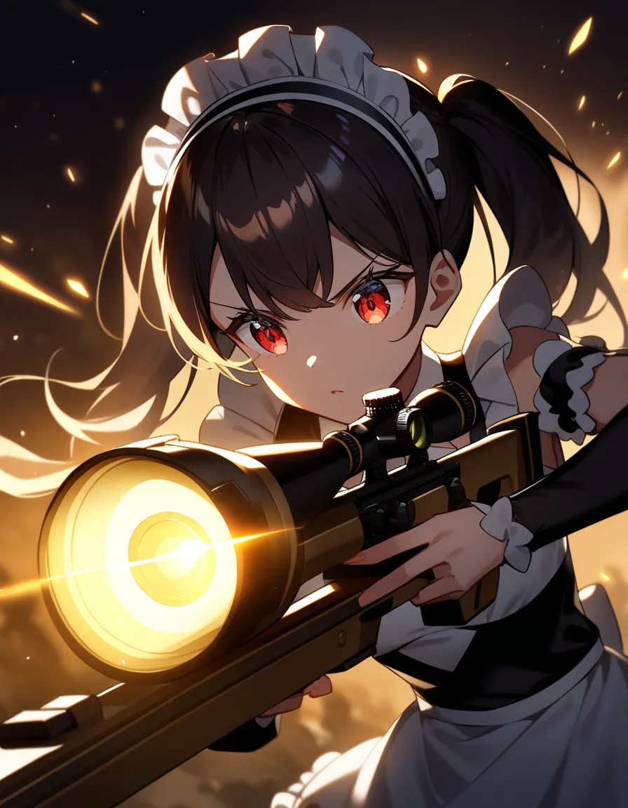 Machine equipment　maid clothes　 Gold　twin tails　 breasts are small　battle　1 girl, high resolution,  Gold, twin tails,  red eyes, Katyusha,　 sniper rifle 　Look through the scope