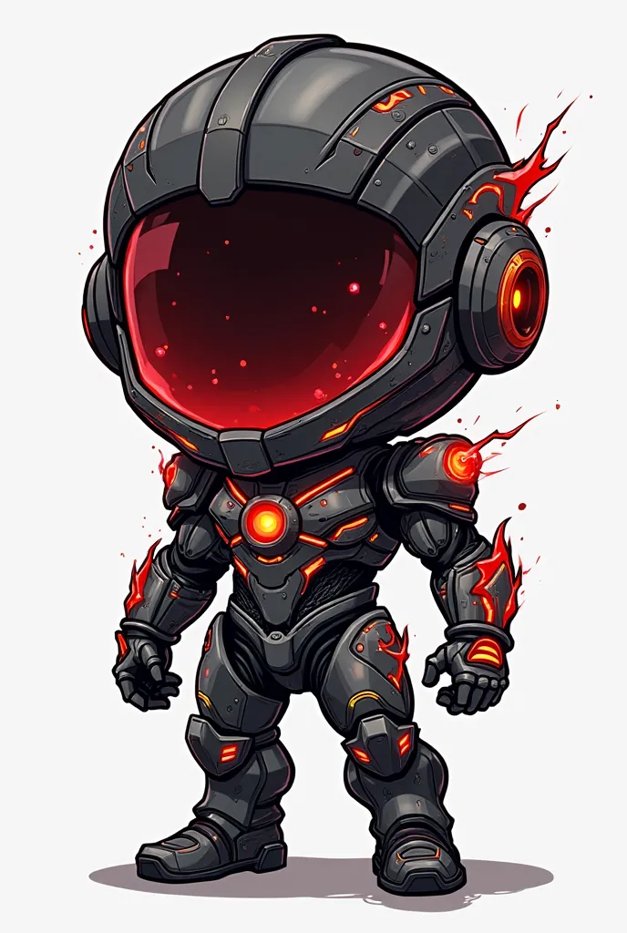  Un design chibi de collection par Ignis ,  entièrement visible dans une pose frontale fixe .  Son armure noire mate est accentuée par des détails vibrants en rouge , jaune et blanc,  qui reflètent sa nature destructrice et chaotique .   Son casque futuris...