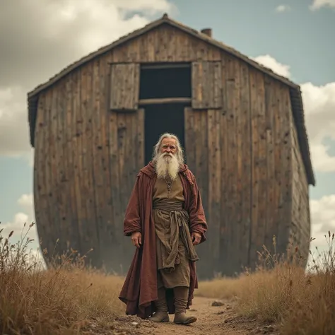 

"A biblical scene of Noah standing in front of the massive wooden ark. Noah, an elderly man with a long beard, wearing ancient robes, stands with a solemn and determined expression. The ark, towering behind him, is made of large wooden planks with a gran...