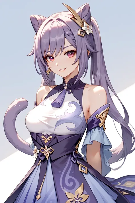 Create a digital illustration of Ke Qing,  of the popular Genshin Impact , as a cat girl with a bright purple tail and matching cat ears. Add a subtle,  a charming smile . Incorporate accurate, that reflect her playful appearance while simultaneously showi...