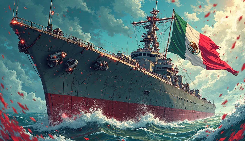 create a Japanese anime-style image, of an armored ship, that has the visible name of "IM El Libertador"  With the Mexican flag in front of a drawing style similar to the One Puch Man anime.
