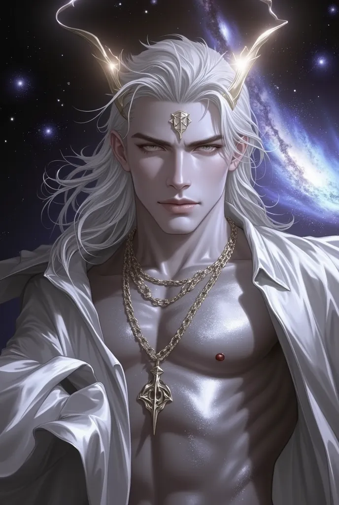 (Masterpiece, chất lượng tốt nhất:1.2), 1men, male, men, solo, god of universes, mighty look, seductive look, galaxy background, white veil, sliver custom, galaxy details, divine, superior, halo, muscular chest, reveal muscular chest, white hair, middle pa...