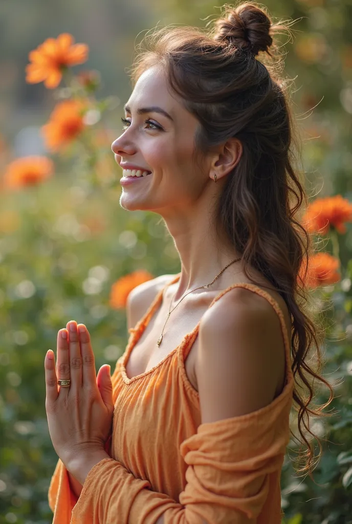 beautiful woman in profile with open eyes. with fair skin and a big smile with Kundalini teeth yoga in beautiful clothes. hands in a mudra pose.  eyes open . 
looks into the distance surrounded by flowers.