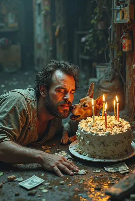 A dog licks the face of a drunk man, lying in a puddle on his birthday, and next to him is a cake with lots of money on top of the “Happy Birthday” sign!