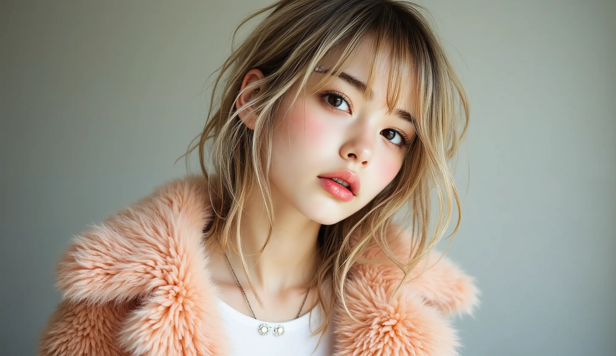 Create a poetic image of a young woman exuding beauty and lewainess, age 20, with blonde hair and bangs. She should wear a peach-colored fur coat over a white top, silver earbuds, and an earring on her left ear that is partially a necklace. Her gaze should...