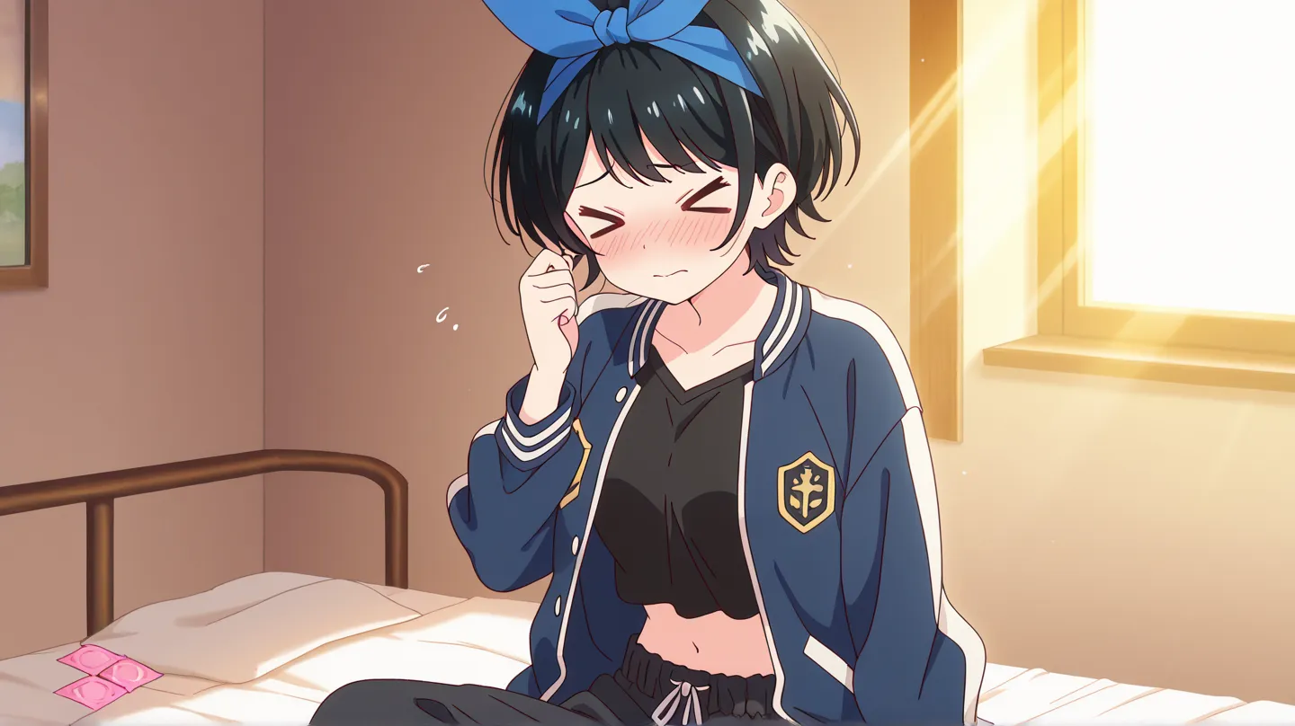 1girl, ruka sarashina \(Rent a Girlfriend\), anime screencap, masterpiece, best quality, solo, A young This is a side-by-side photograph of a young ruka sarashina, short hair, bangs, black hair, ribbon, hair ribbon, hairband, blue hairband, blush, shy, > <...