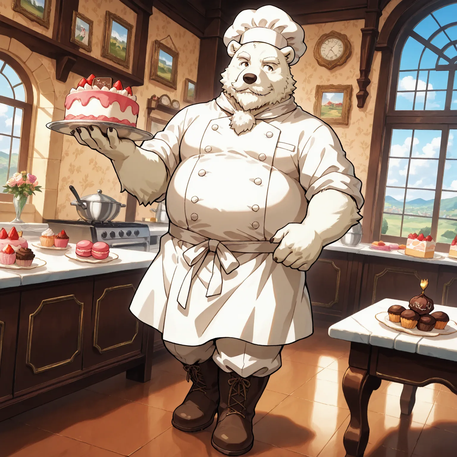 character focus, full body, looking away, dynamic angle, pastry chef, a musclegut middle-aged polar bear man, happy, little smile, chef's hat, pastry chef costume clothes, slacks, boots, cook a cake, a beautiful pastel-colored patisserie, intricate and del...