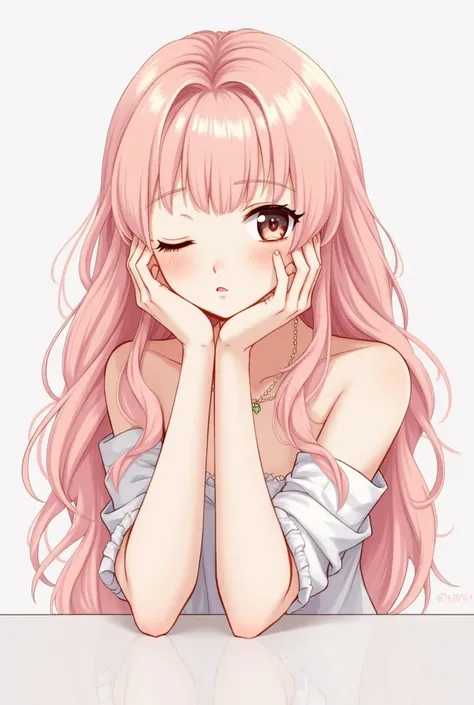 a drawing of a young woman with long, wavy, light pink hair.  She has her chin resting on her hand, her eyes are closed, and she appears to be in a pensive or melancholic mood.  Her style is anime-esque, with soft features and blushing cheeks. She is weari...