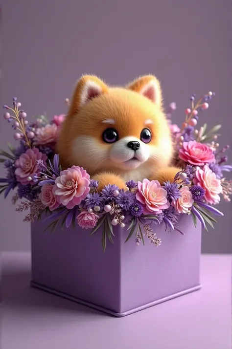 A cake shaped like a Pomeranian dog in a purple bouquet box